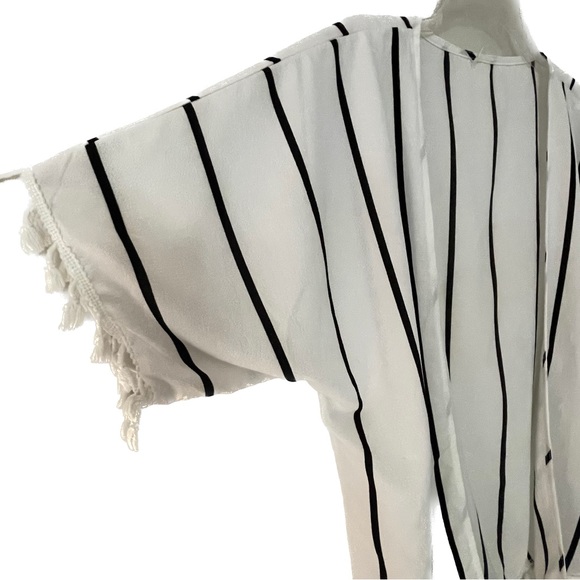 Tasseled Black Striped White Dolman Sleeve Lightweight Cardigan - Picture 2 of 6